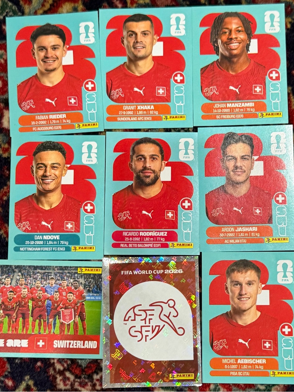 WORLD CUP 2026 PANINI STICKER.SWITZERLAND SOCCER  TEAM. LOT OF 9 STICKERS.BRASIL